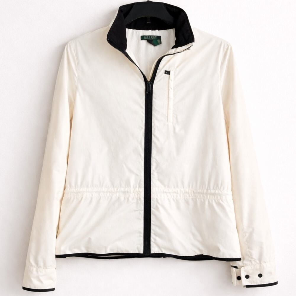 Lauren Ralph Lauren Ivory Zip-Up Lightweight Jacket L | Black Trim Windbreaker